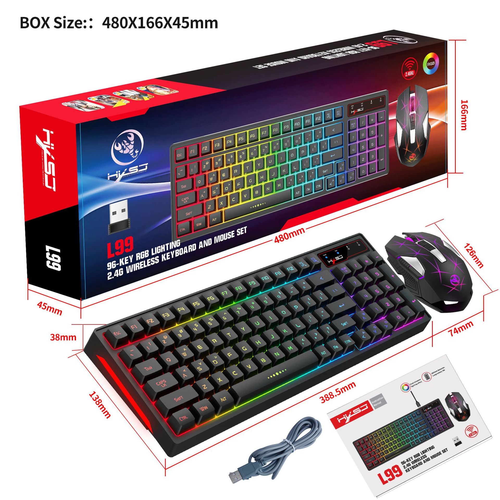 Wireless Charging 2.4G Keyboard And Mouse Set Colorful Backlight